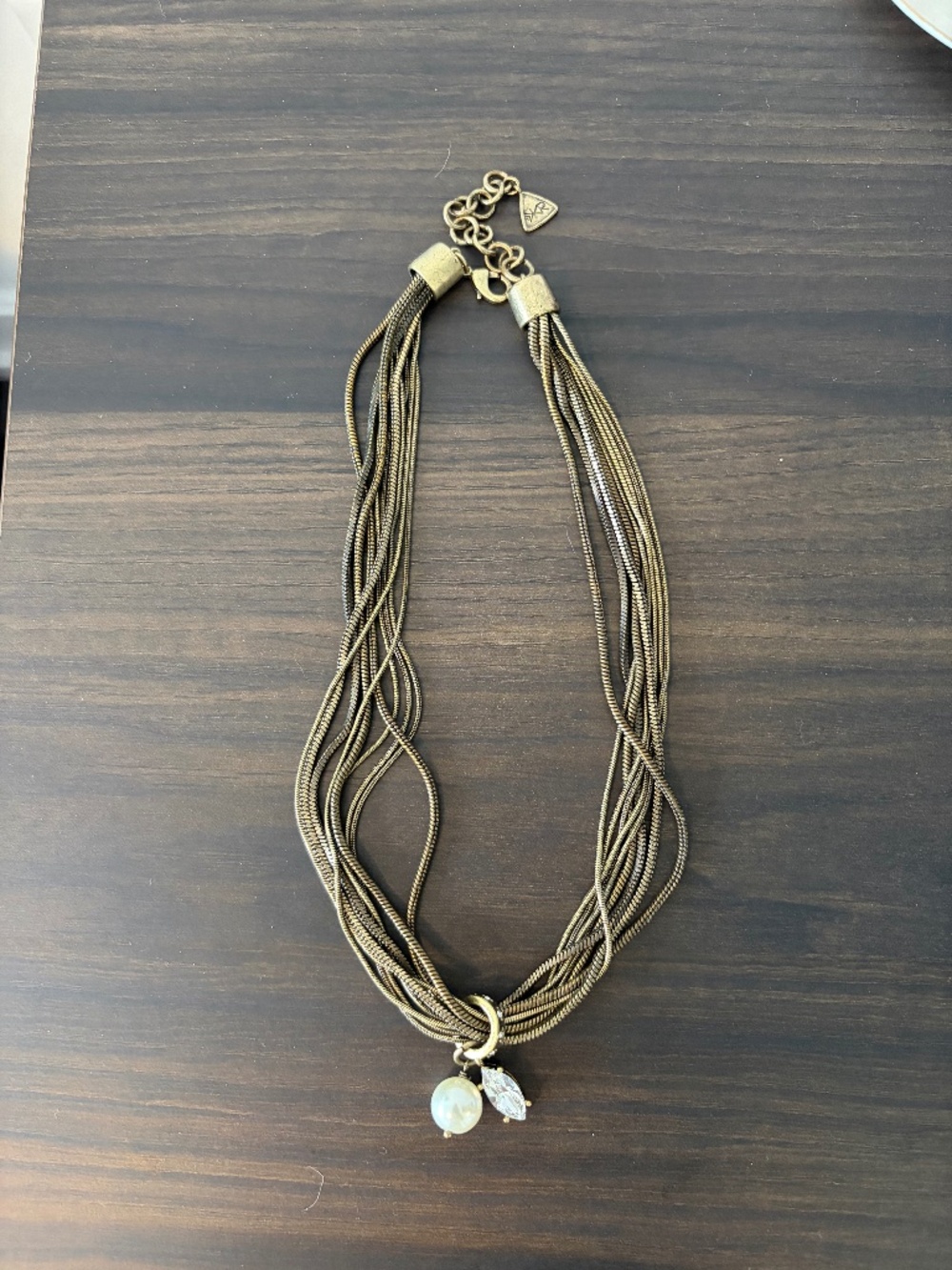 KR by Silpada Multi-Strand Brass Snake Chain Necklace Faux Pearl Crystal Charm